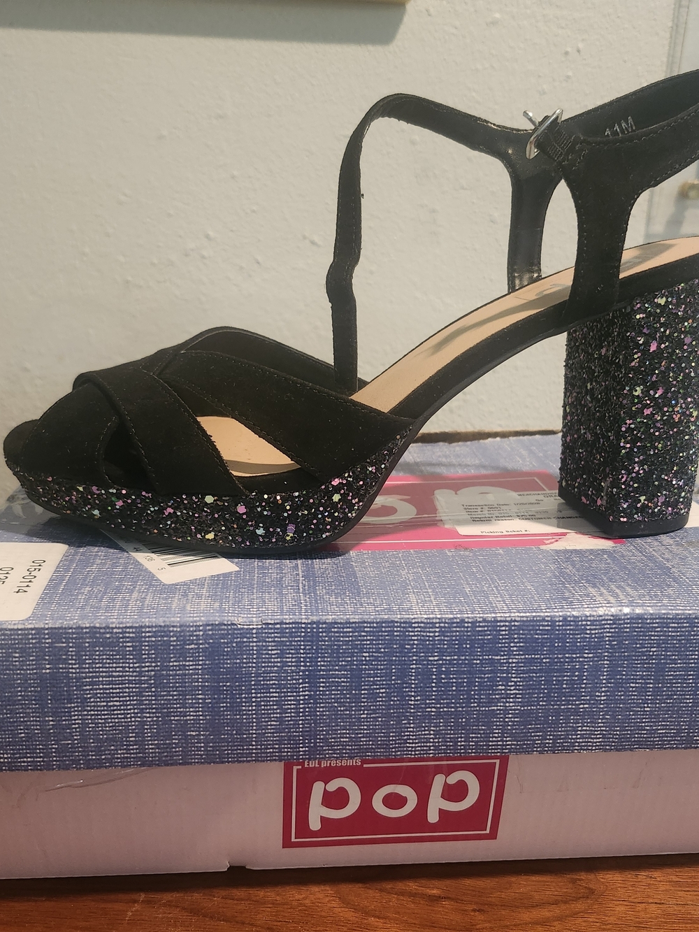 POP Black Suede Platform Sandals with Glitter Block Heel